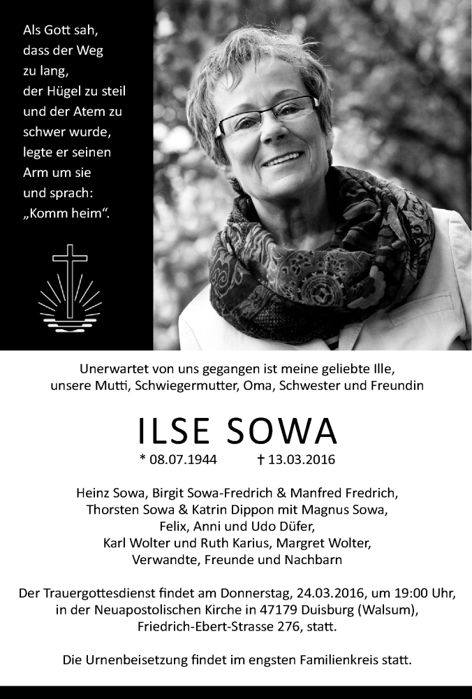 Traueranzeige für Ilse Sowa vom 19.03.2016 aus Tageszeitung