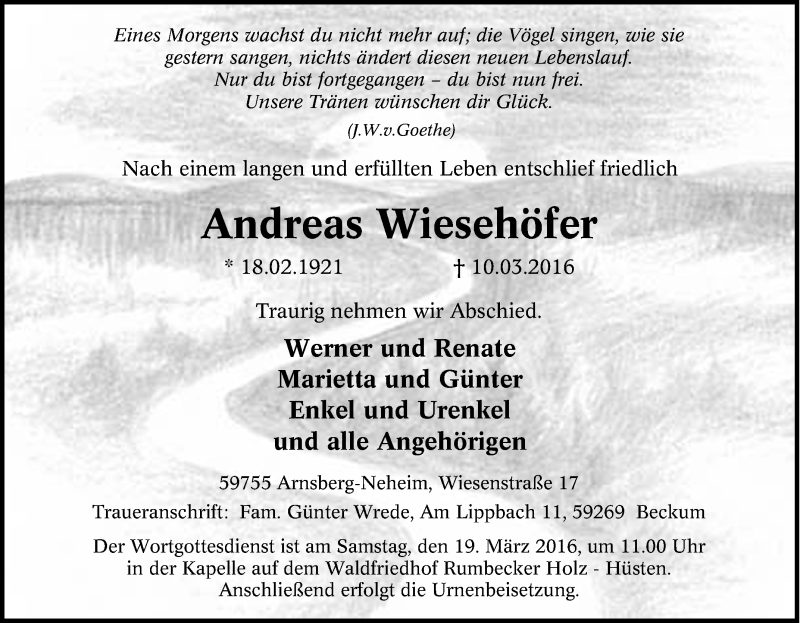  Traueranzeige für Andreas Wiesehöfer vom 12.03.2016 aus Tageszeitung