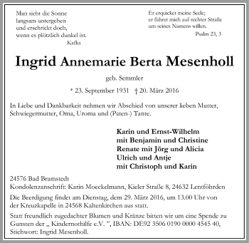 Traueranzeige von Ingrid Annemarie Berta Mesenholl von Tageszeitung