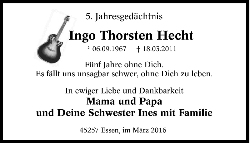  Traueranzeige für Ingo Thorsten Hecht vom 18.03.2016 aus Tageszeitung
