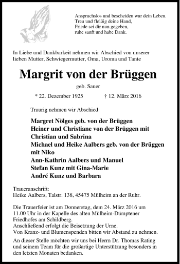 Traueranzeige von Margrit von der Brüggen von Tageszeitung