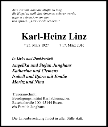 Traueranzeige von Karl-Heinz Linz von Tageszeitung