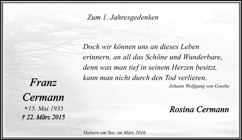  Traueranzeige für Rosina Cermann vom 22.03.2016 aus Tageszeitung
