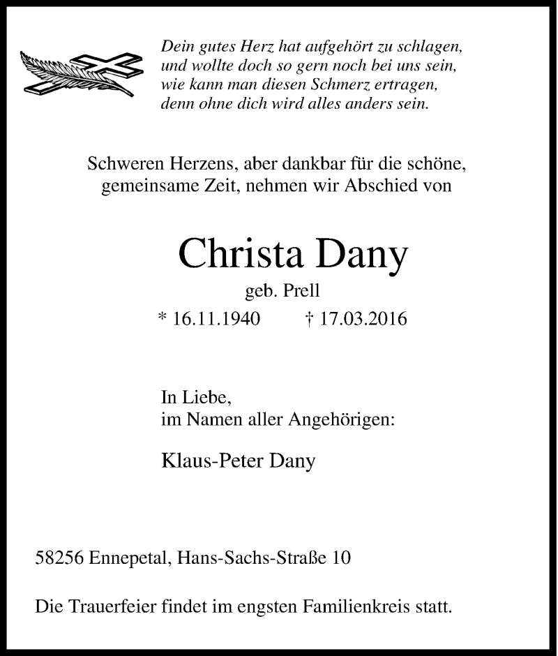  Traueranzeige für Christa Dany vom 23.03.2016 aus Tageszeitung