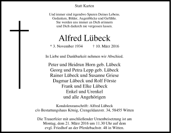 Traueranzeige von Alfred Lübeck von Tageszeitung