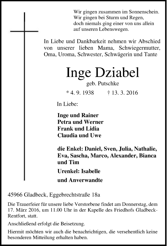  Traueranzeige für Inge Dziabel vom 15.03.2016 aus Tageszeitung