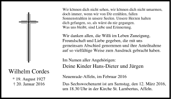 Traueranzeige von Wilhelm Cordes von Tageszeitung