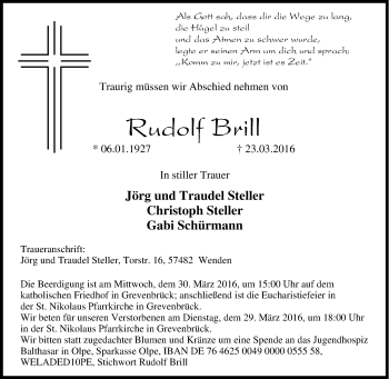 Traueranzeige von Rudolf Brill von Tageszeitung