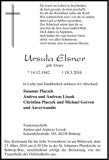 Traueranzeige von Ursula Elsner von Tageszeitung