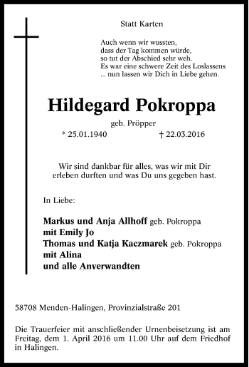 Traueranzeige von Hildegard Pokroppa von Tageszeitung