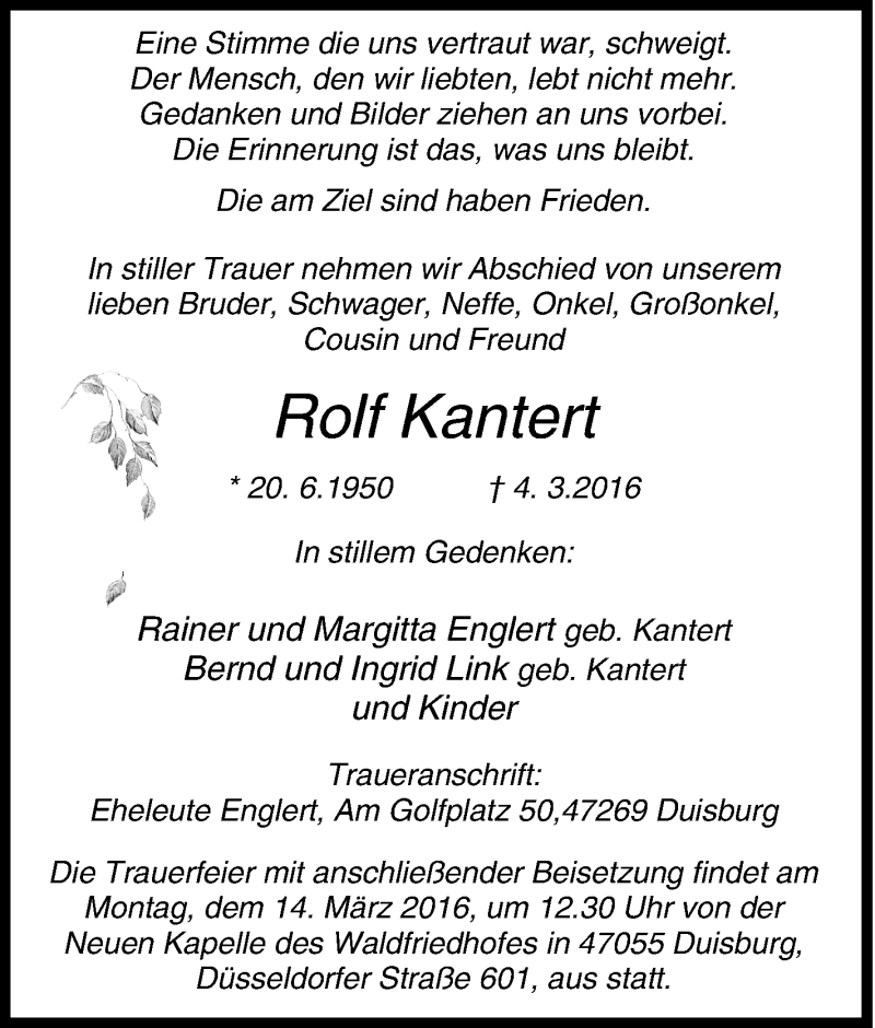  Traueranzeige für Rolf Kantert vom 09.03.2016 aus Tageszeitung