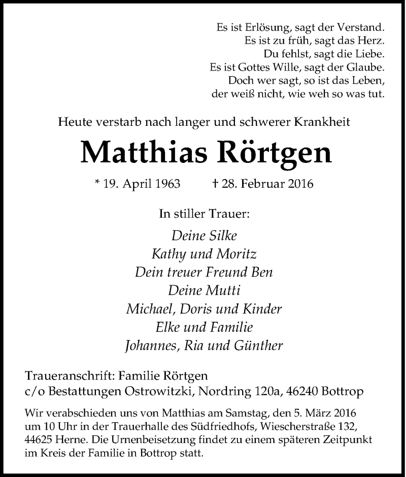  Traueranzeige für Matthias Rörtgen vom 02.03.2016 aus Tageszeitung