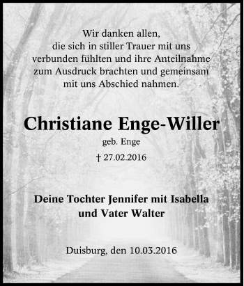 Traueranzeige von Christiane Enge-Willer von Tageszeitung