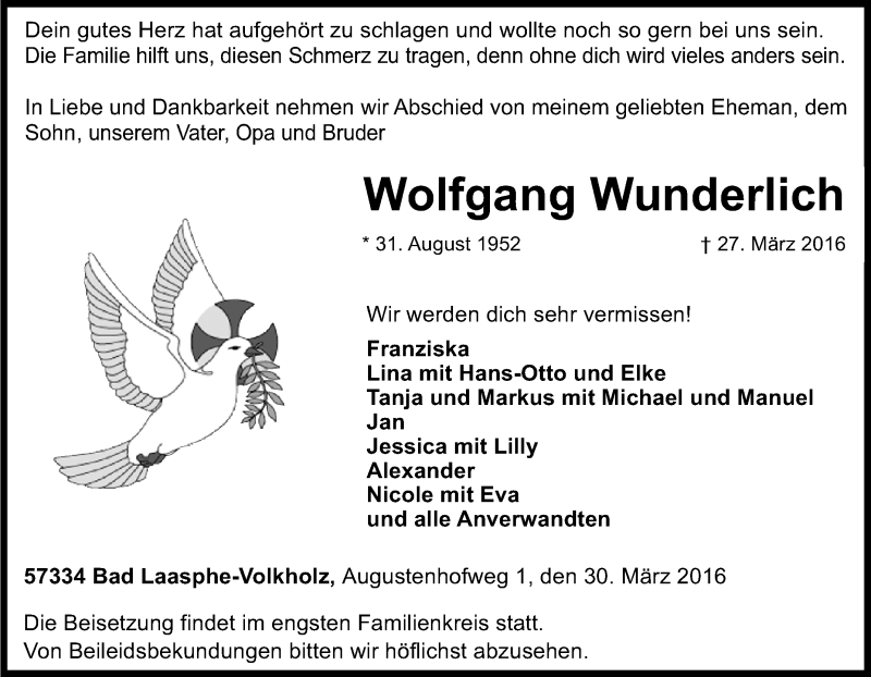  Traueranzeige für Wolfgang Wunderlich vom 30.03.2016 aus Tageszeitung