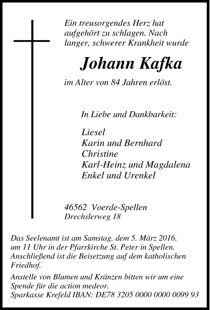  Traueranzeige für Johann Kafka vom 04.03.2016 aus waz