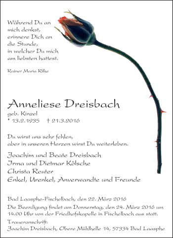 Traueranzeige von Anneliese Dreisbach von Tageszeitung