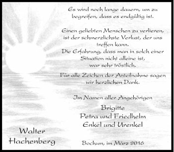 Traueranzeige von Walter Hachenberg von Tageszeitung