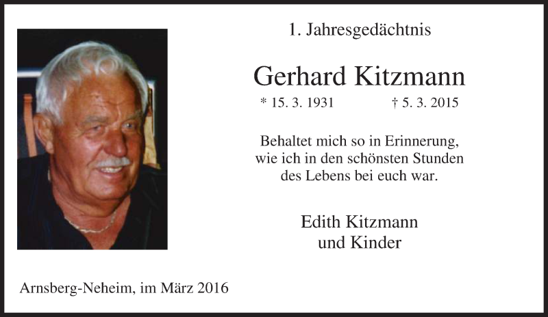  Traueranzeige für Gerhard Kitzmann vom 05.03.2016 aus Tageszeitung