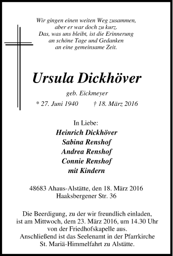 Traueranzeige von Ursula Dickhöver von Tageszeitung