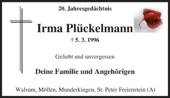 Traueranzeige von Irma Plückelmann von Tageszeitung