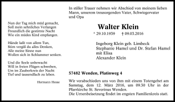 Traueranzeige von Walter Klein von Tageszeitung