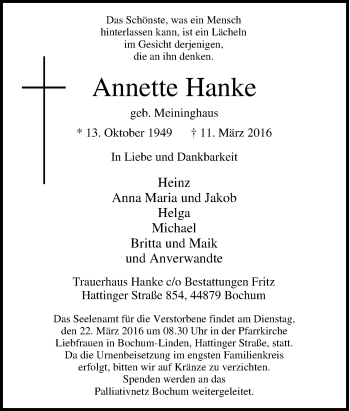 Traueranzeige von Annette Hanke von Tageszeitung