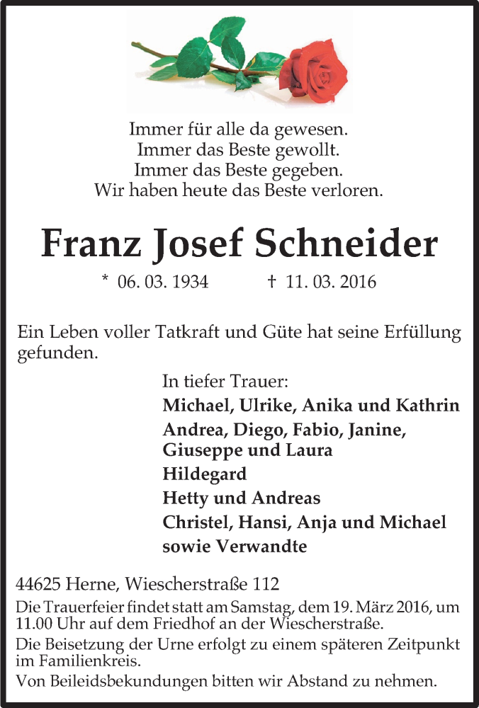  Traueranzeige für Franz Josef Schneider vom 15.03.2016 aus Tageszeitung