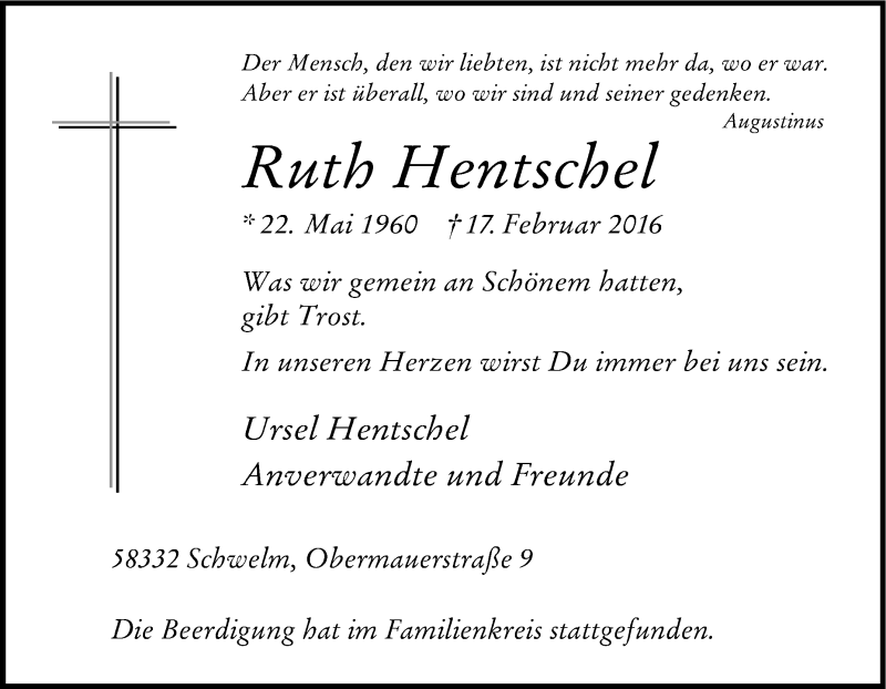  Traueranzeige für Ruth Hentschel vom 05.03.2016 aus Tageszeitung