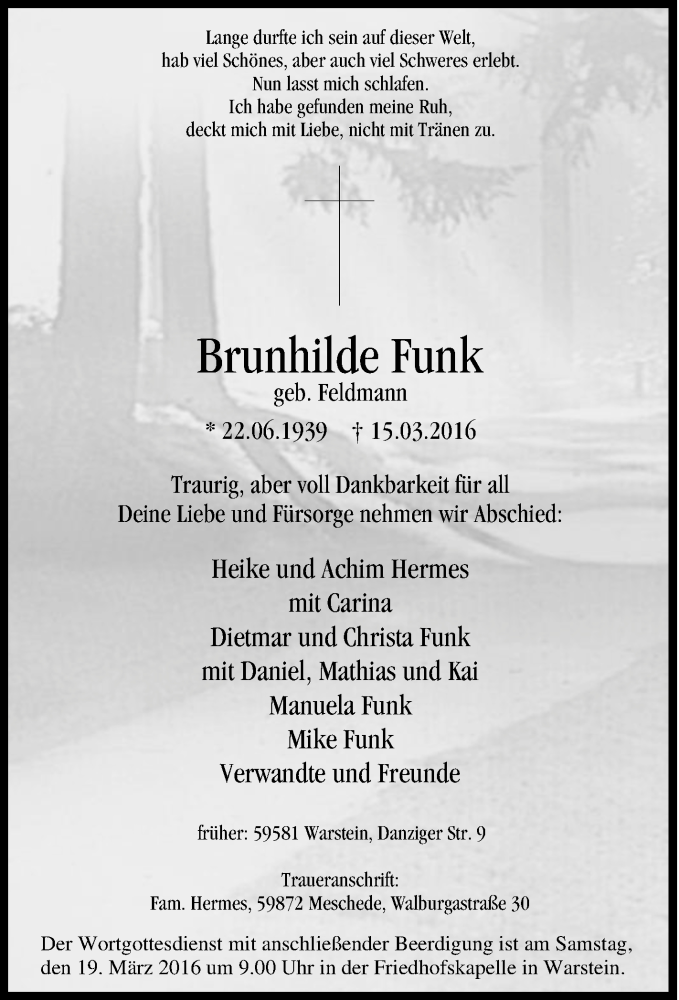  Traueranzeige für Brunhilde Funk vom 18.03.2016 aus Tageszeitung