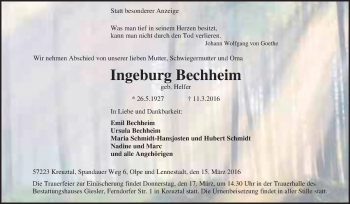 Traueranzeige von Ingeburg Bechheim von Tageszeitung