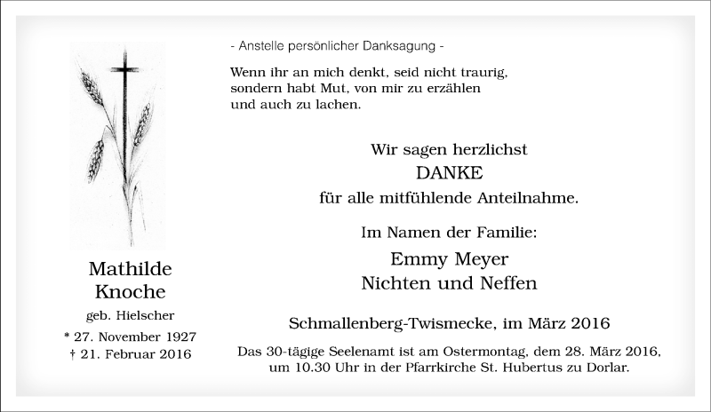  Traueranzeige für Mathilde Knoche vom 21.03.2016 aus Tageszeitung