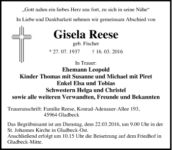 Traueranzeige von Gisela Reese von Tageszeitung