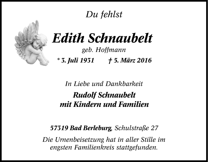  Traueranzeige für Edith Schnaubelt vom 11.03.2016 aus Tageszeitung