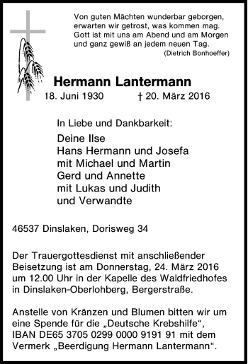 Traueranzeigen von Hermann Lantermann TrauerinNRW.de