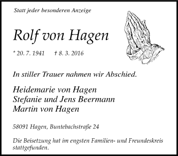 Traueranzeige von Rolf von Hagen von Tageszeitung