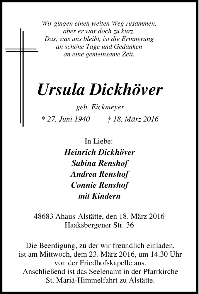  Traueranzeige für Ursula Dickhöver vom 21.03.2016 aus Tageszeitung