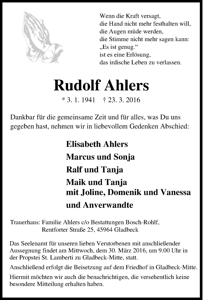  Traueranzeige für Rudolf Ahlers vom 26.03.2016 aus Tageszeitung