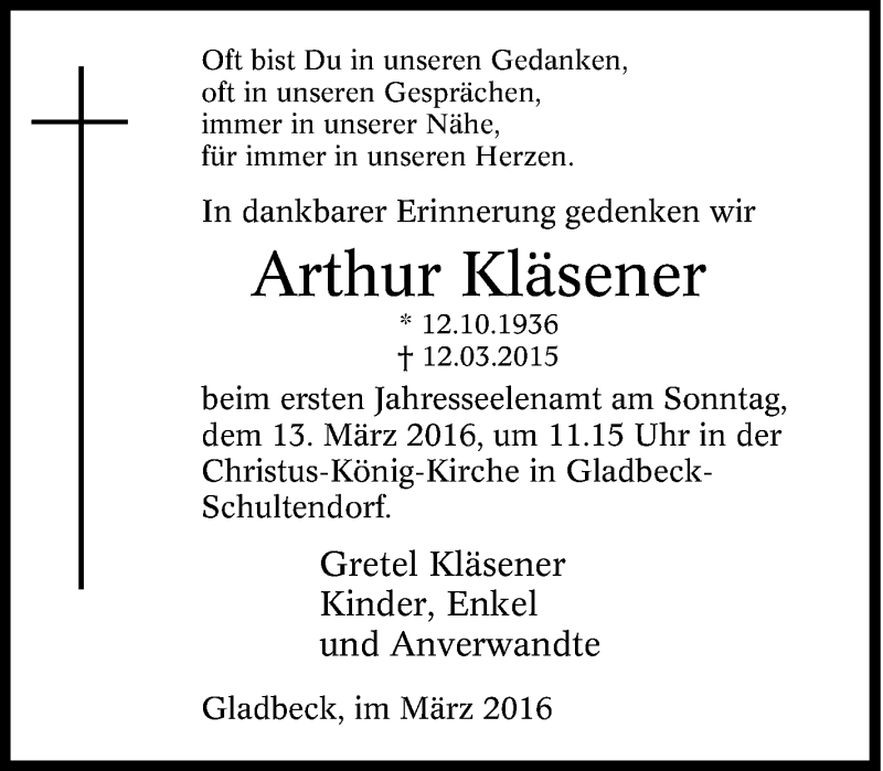  Traueranzeige für Arthur Kläsener vom 08.03.2016 aus Tageszeitung