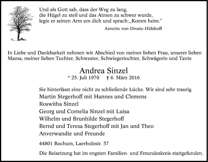  Traueranzeige für Andrea Sinzel vom 19.03.2016 aus Tageszeitung