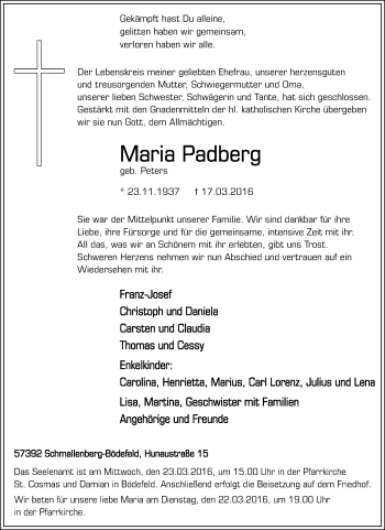 Traueranzeige von Maria Padberg von Tageszeitung