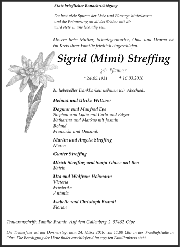Traueranzeige von Sigrid Streffing von Tageszeitung