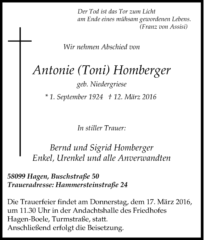  Traueranzeige für Antonie Homberger vom 15.03.2016 aus Tageszeitung