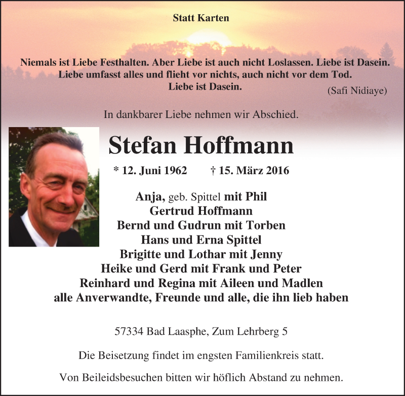  Traueranzeige für Stefan Hoffmann vom 18.03.2016 aus Tageszeitung