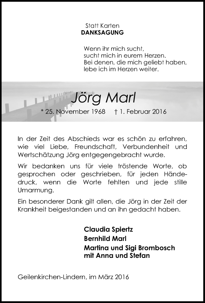  Traueranzeige für Jörg Marl vom 19.03.2016 aus Tageszeitung