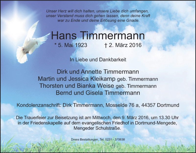  Traueranzeige für Hans Timmermann vom 05.03.2016 aus Tageszeitung