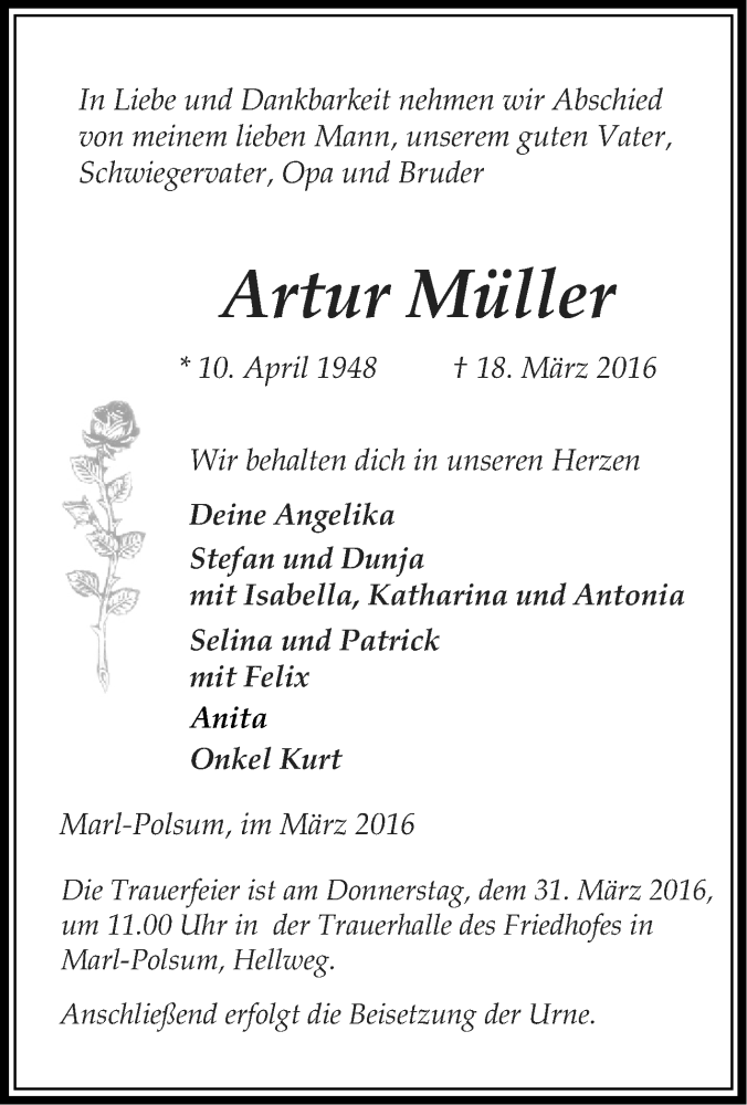  Traueranzeige für Artur Müller vom 24.03.2016 aus Tageszeitung