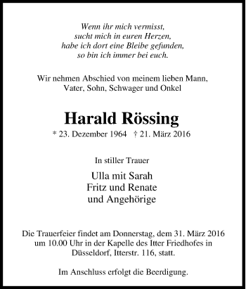 Traueranzeige von Harald Rössing von Tageszeitung