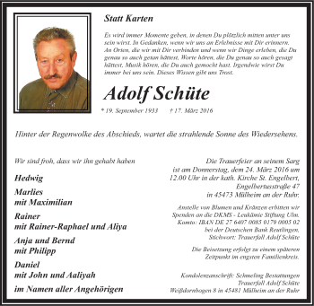 Traueranzeige von Adolf Schäle von Tageszeitung