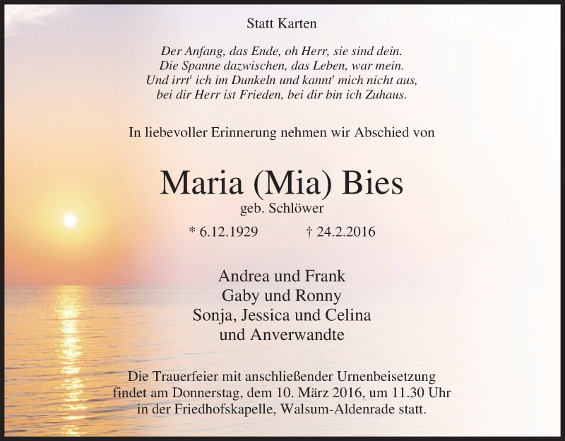  Traueranzeige für Maria Bies vom 04.03.2016 aus Westdeutsche Allgemeine Zeitung