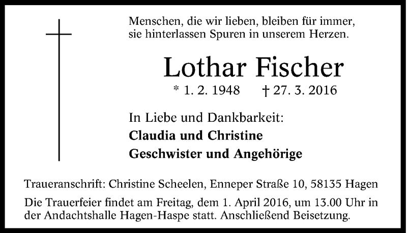  Traueranzeige für Lothar Fischer vom 30.03.2016 aus Tageszeitung